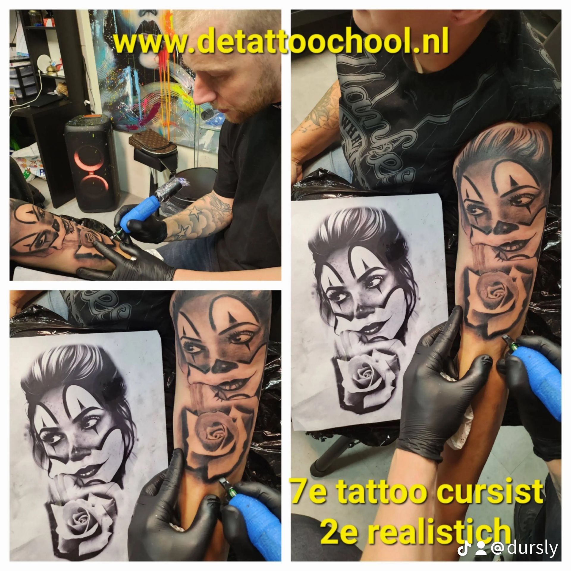 Een tatoeëerder werkt aan een realistische portrettatoeage van een gezicht met clownsschmink en een roos, gebaseerd op een tekening.