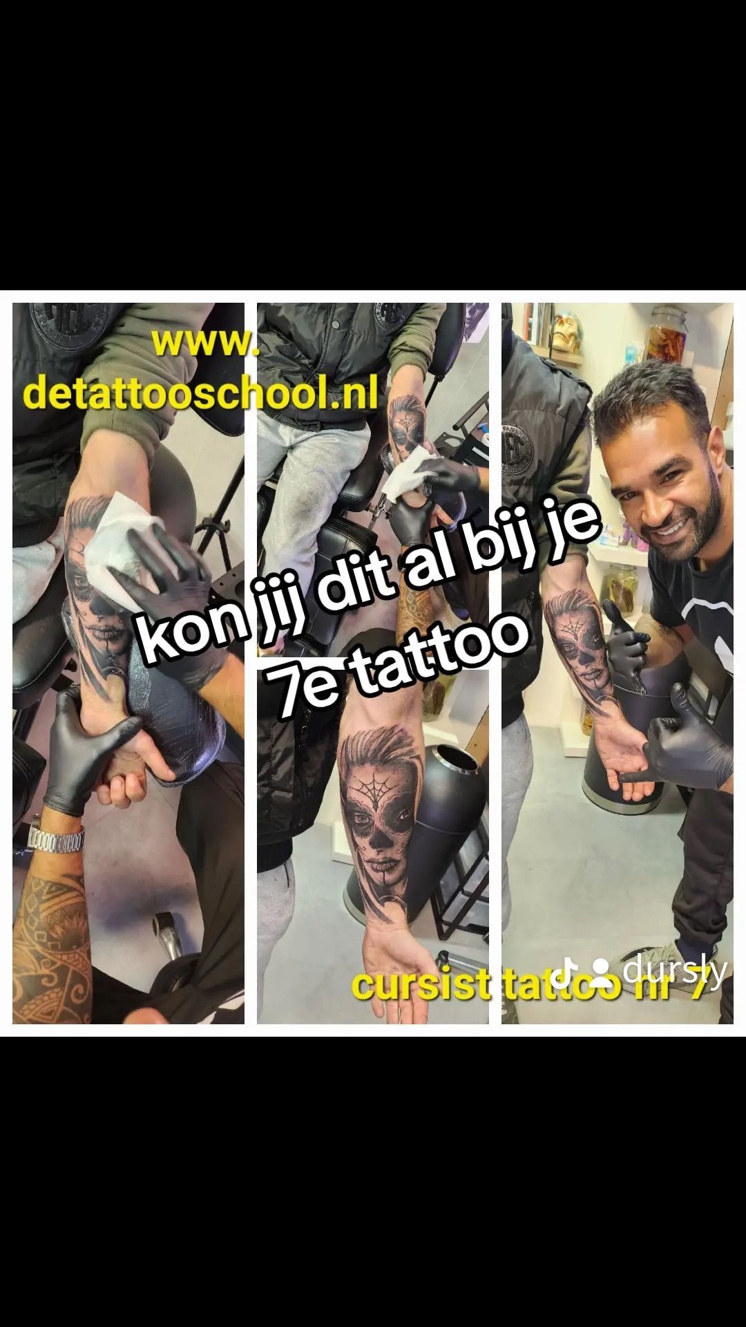 Een persoon die een schedeltattoo op een arm aanbrengt, met websitebranding en Nederlandse tekst over tattoo-opleidingen.