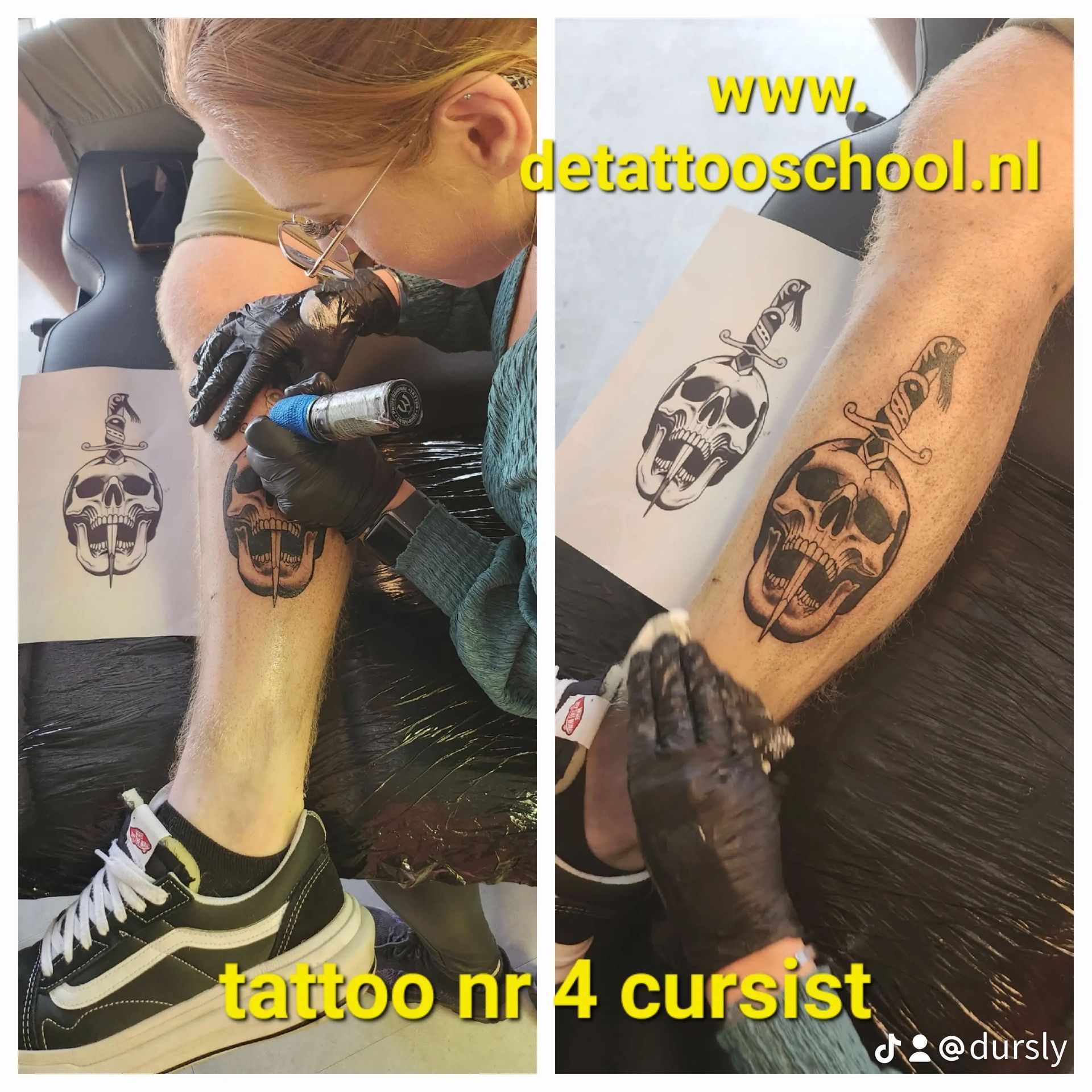 Een tatoeëerder werkt aan een schedeltatoeage op het been van een klant en vergelijkt de uiteindelijke tatoeage met een afgedrukte voorbeeldtekening.