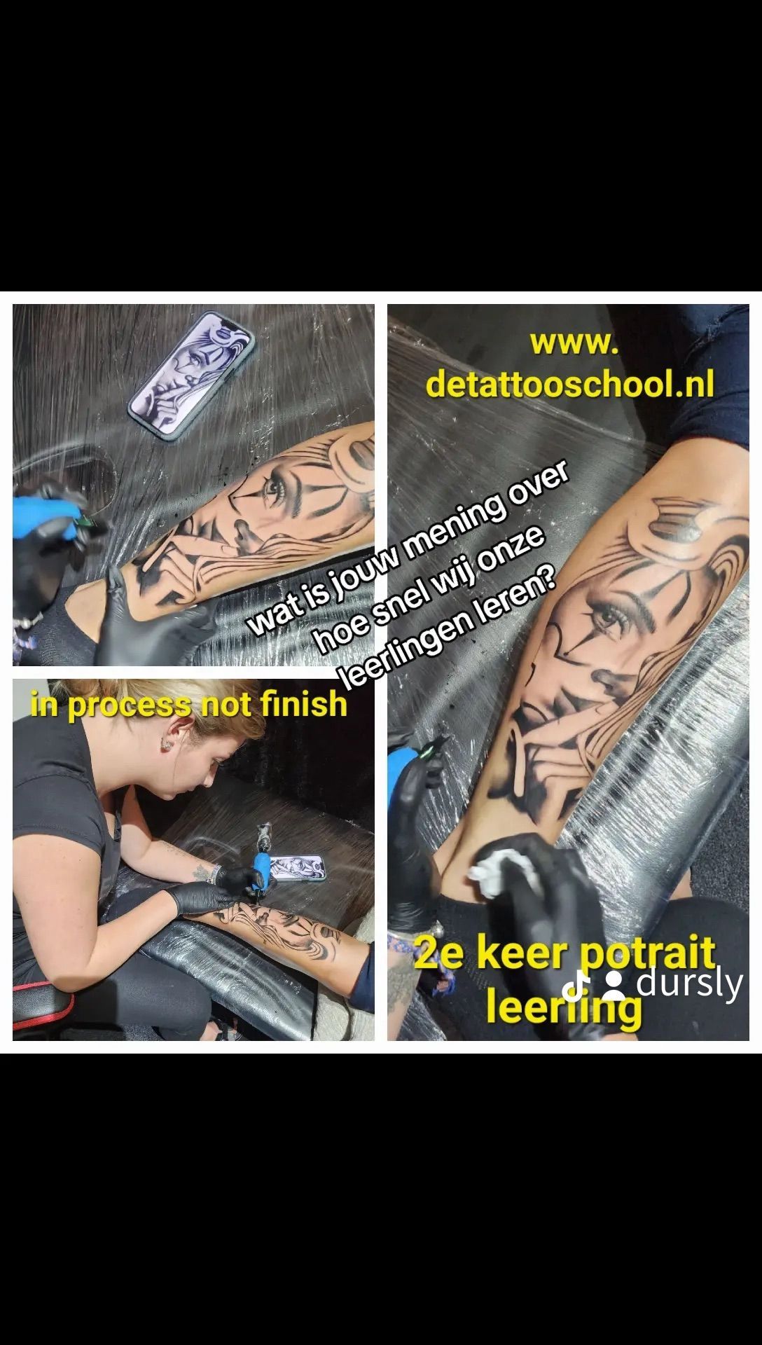 Een tatoeëerder werkt in een studio aan een portrettattoo op het been van een persoon. Website: tattooschool.nl.