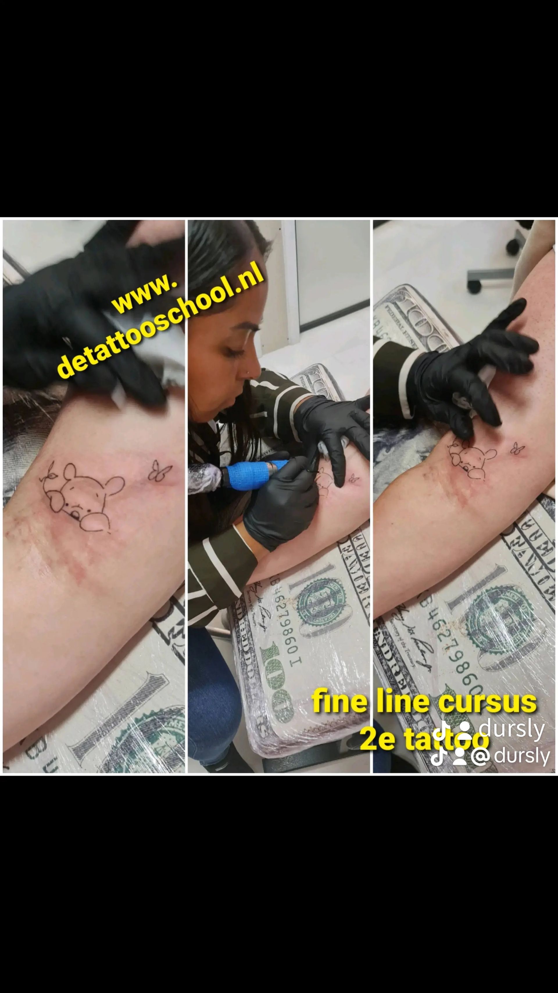 Een persoon die een tattoo-machine gebruikt om een ​​ontwerp met fijne lijnen op de arm van een klant te creëren tijdens een professionele trainingssessie.