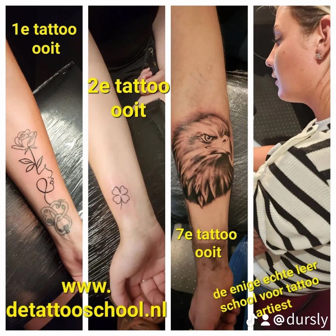 Een collage van vier panelen die de ontwikkeling van tatoeages laat zien, van eenvoudige lijnen tot gedetailleerde schaduwtechnieken, met een link naar een tatoeëerschool.