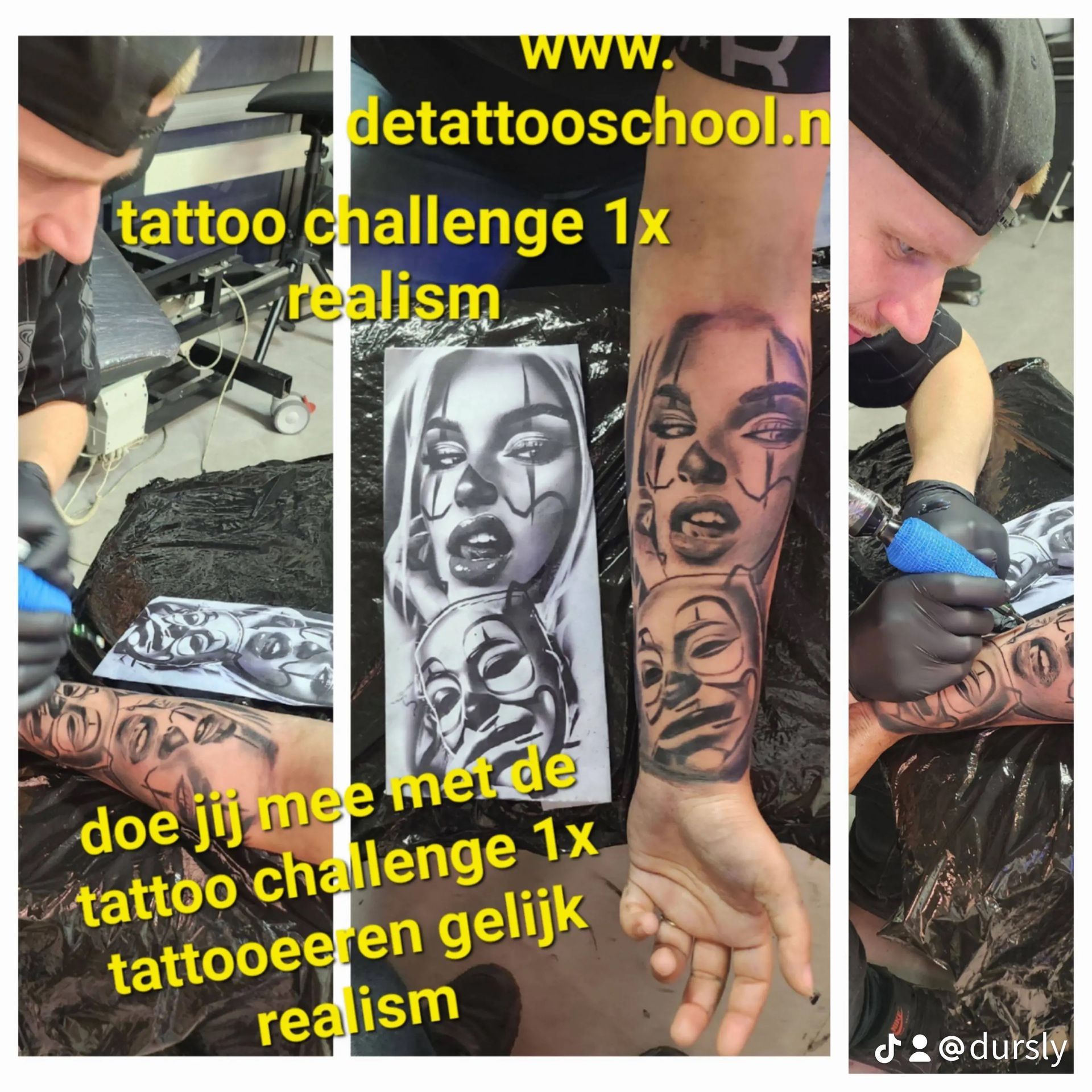 Een tatoeëerder tatoeert een realistische afbeelding van een vrouw en een masker op een onderarm, met daarop promotionele tekst.
