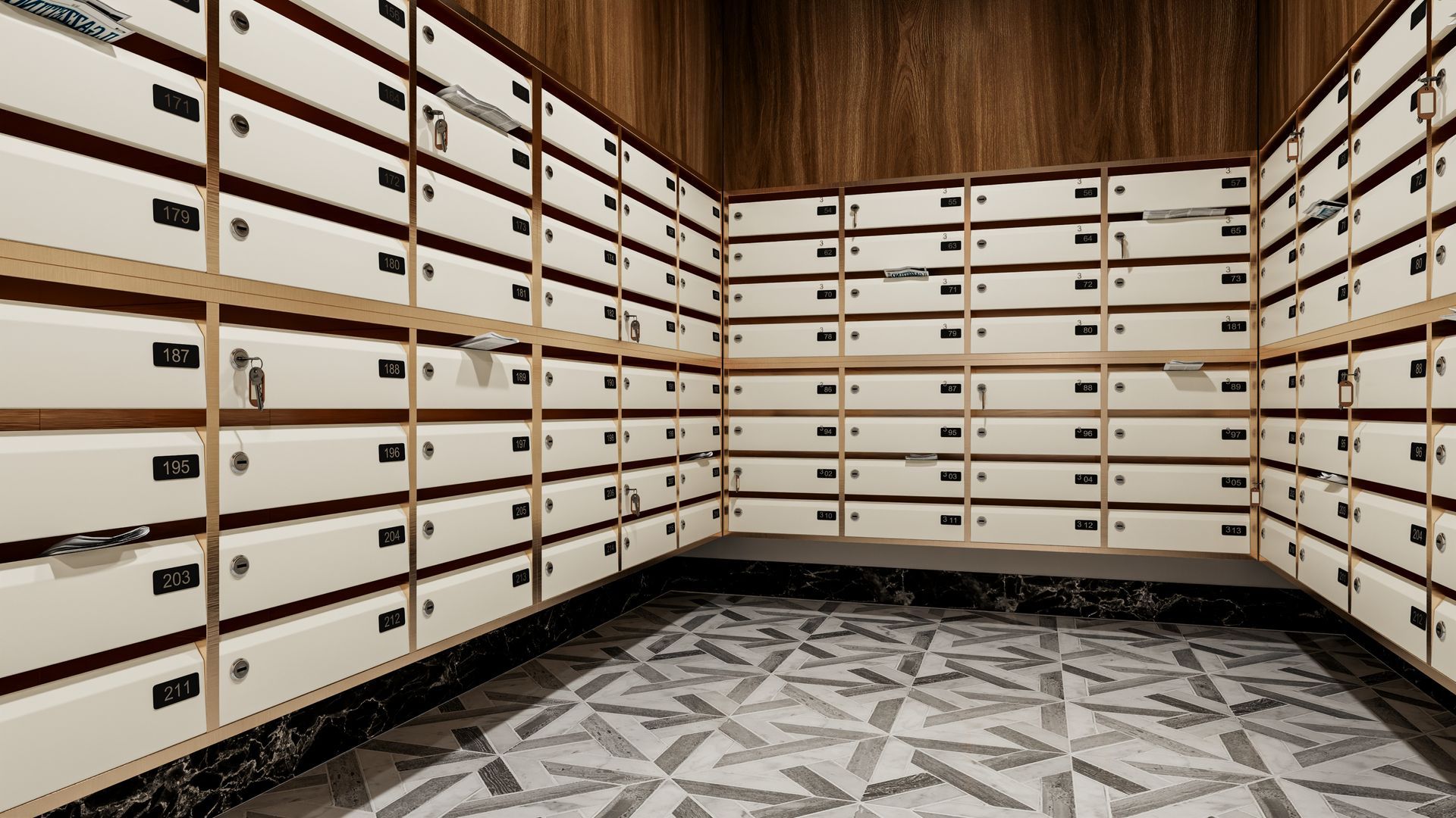 An indoor wall of numerous white mailboxes with silver locks, featuring a patterned tile floor and dark wood paneling.