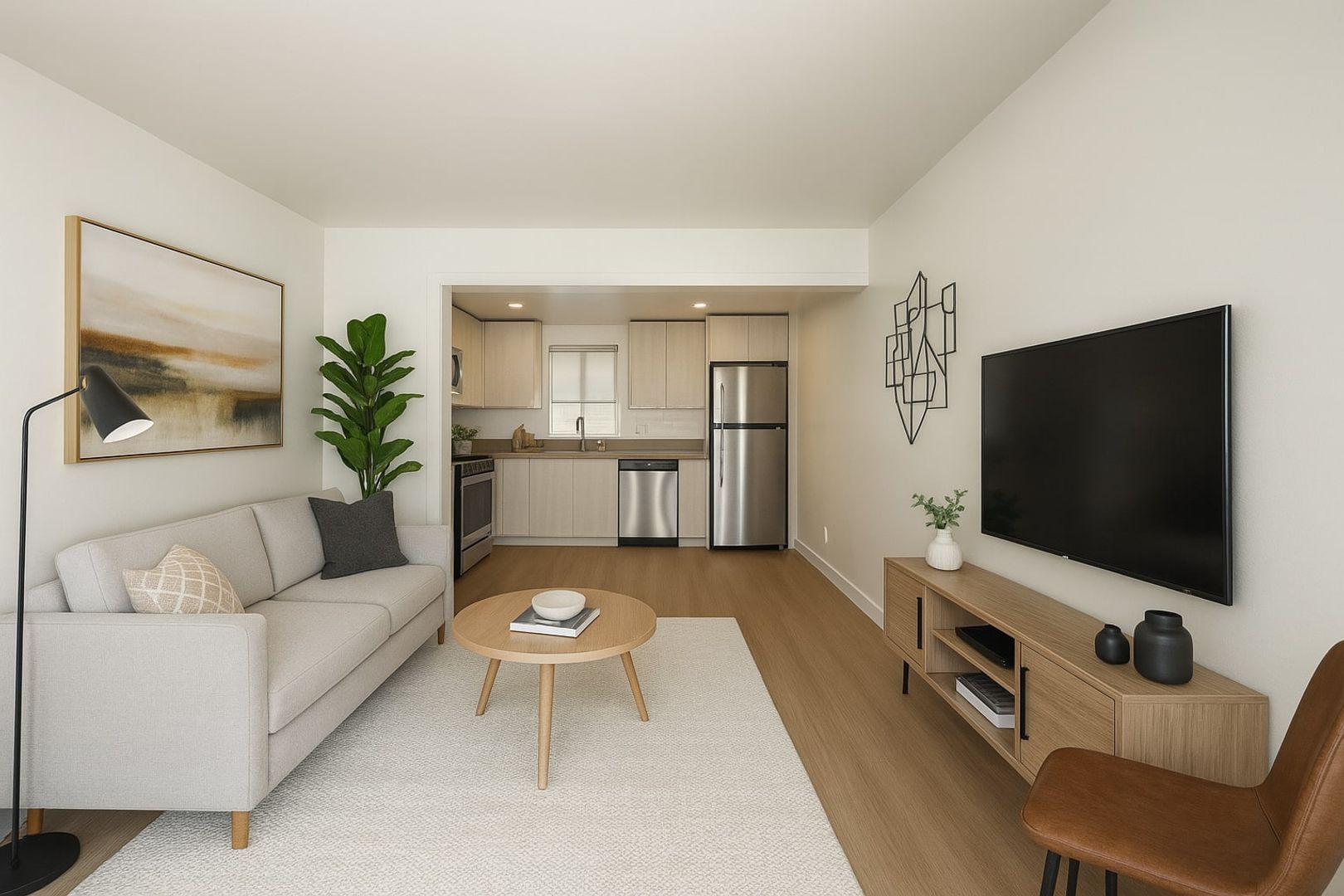 A bright, modern living room with a light gray sofa, wooden coffee table, wall-mounted TV, and an open-concept kitchen.