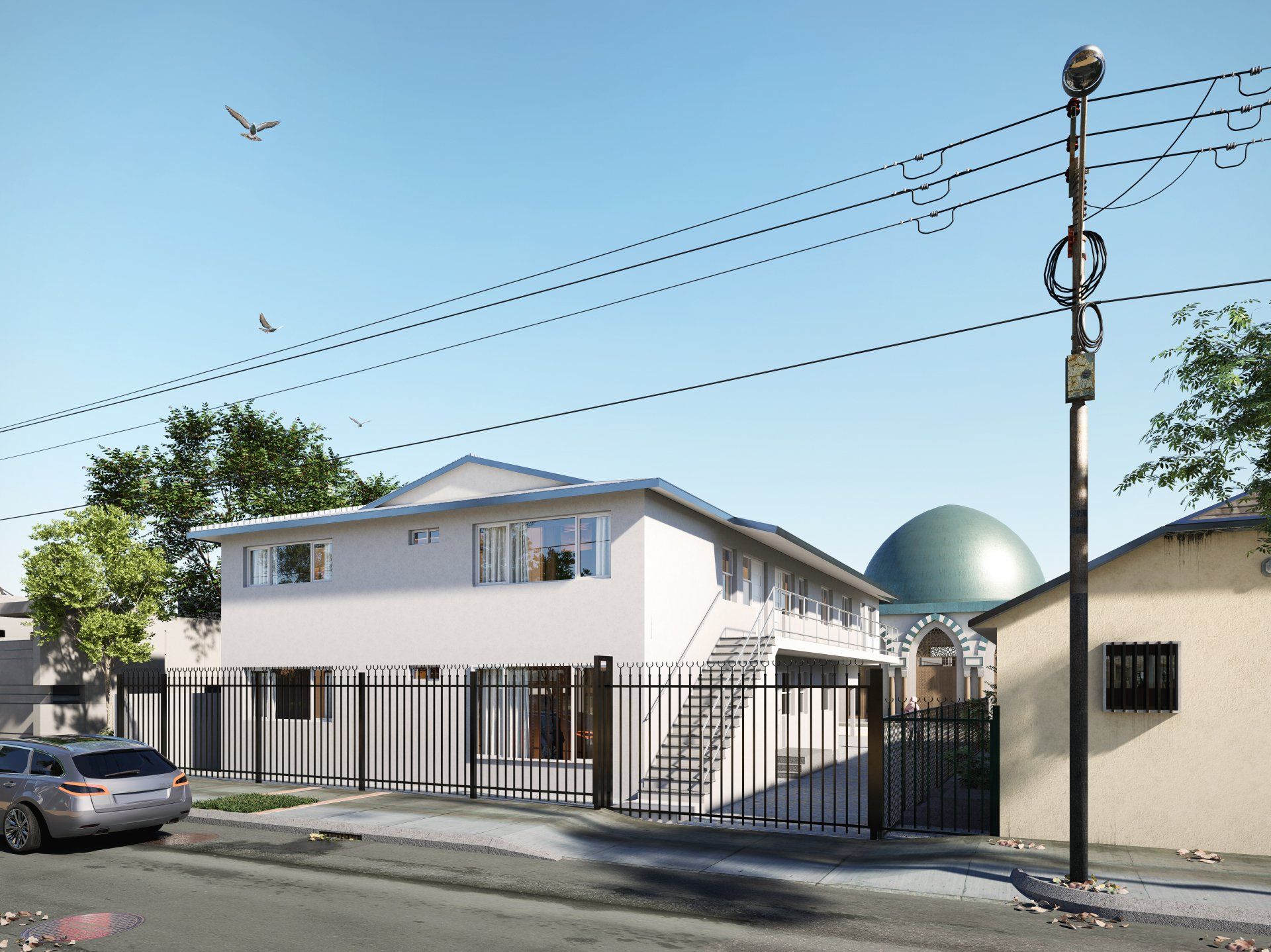 this image shows a modern house with white and blue background