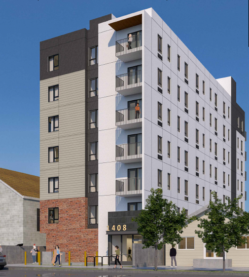 A rendering of a modern, multi-story apartment building with a brick, grey, and white exterior and a street-level entrance.