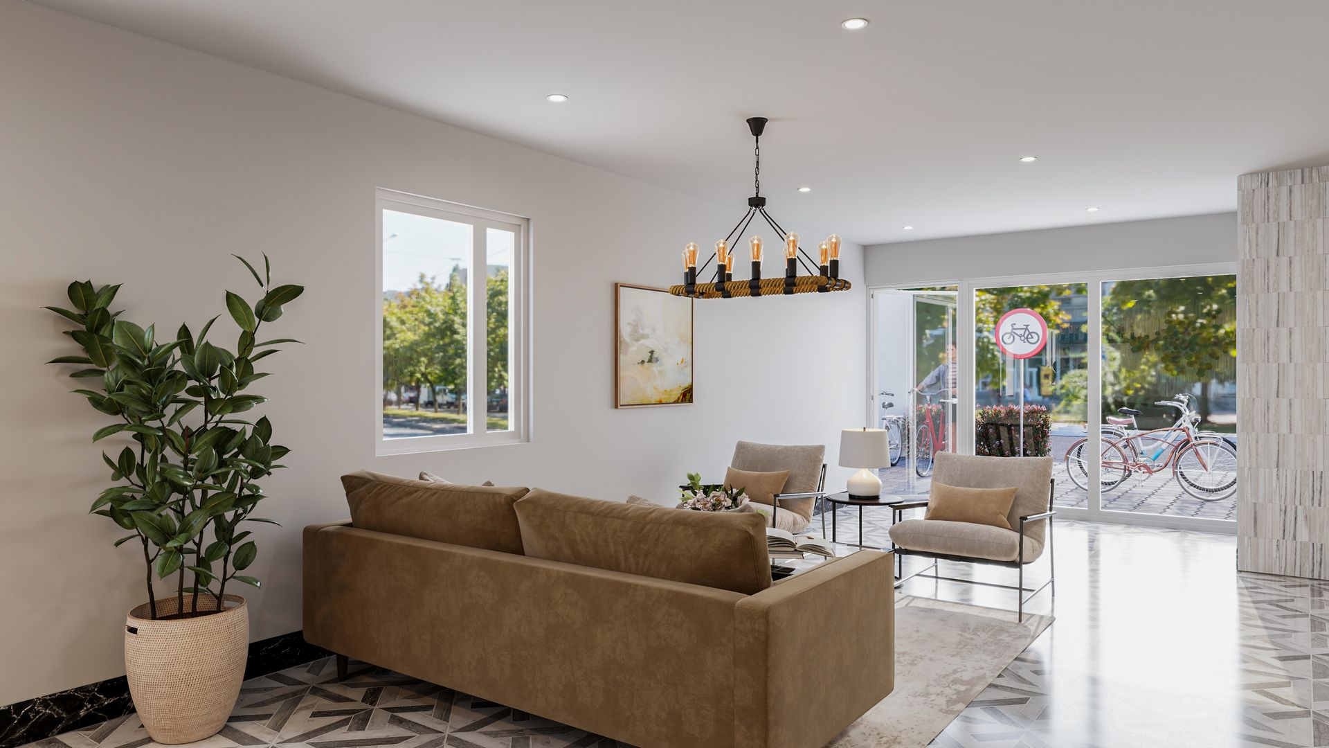 A modern living room with a brown sofa, a potted plant, a chandelier, and two armchairs near a large glass sliding door.