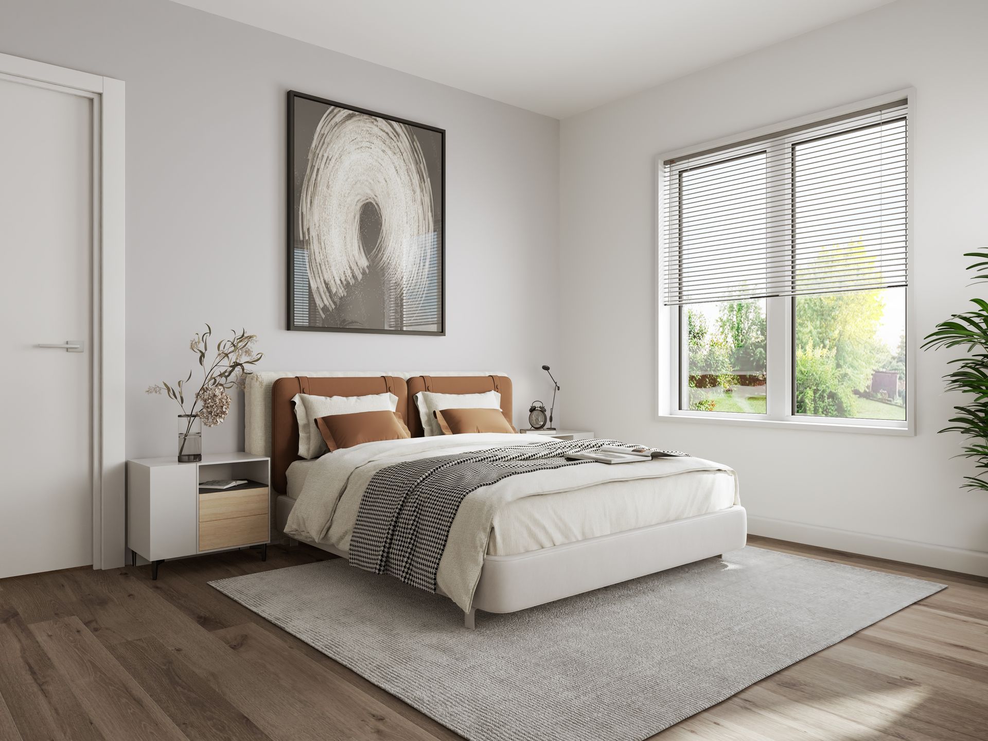 This image showing  a modern bedroom with one window, double bed two side tables, beautiful painting in it.