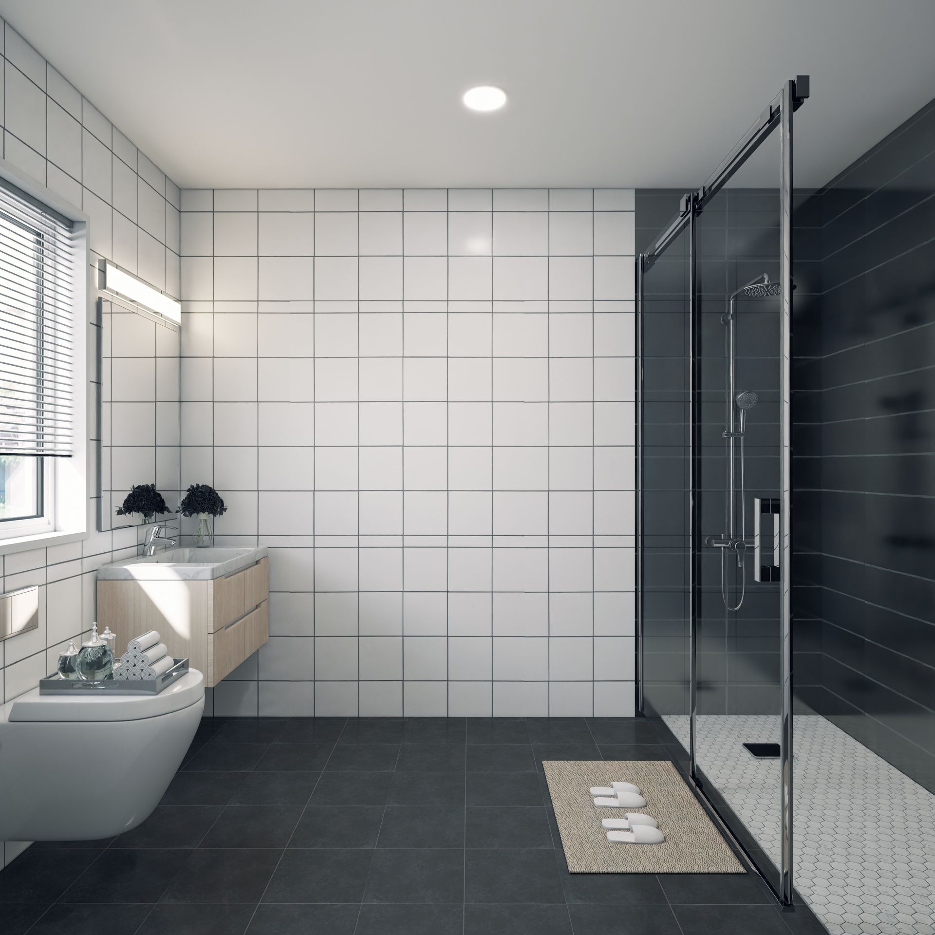 this image showing a very luxurious and asthetic bathroom in white and black color scheme.