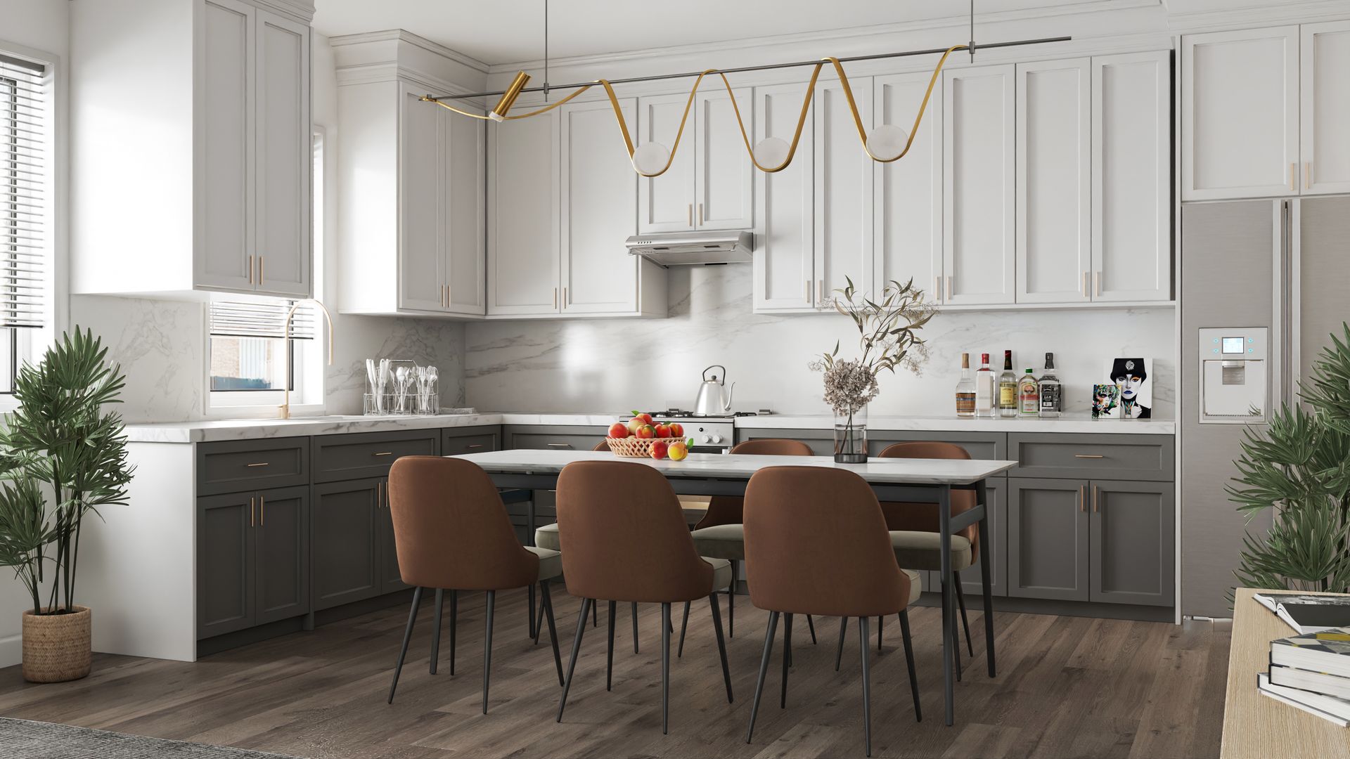 This image showing a luxurious kitchen in white colour scheme and 6 chair dinning table in it.