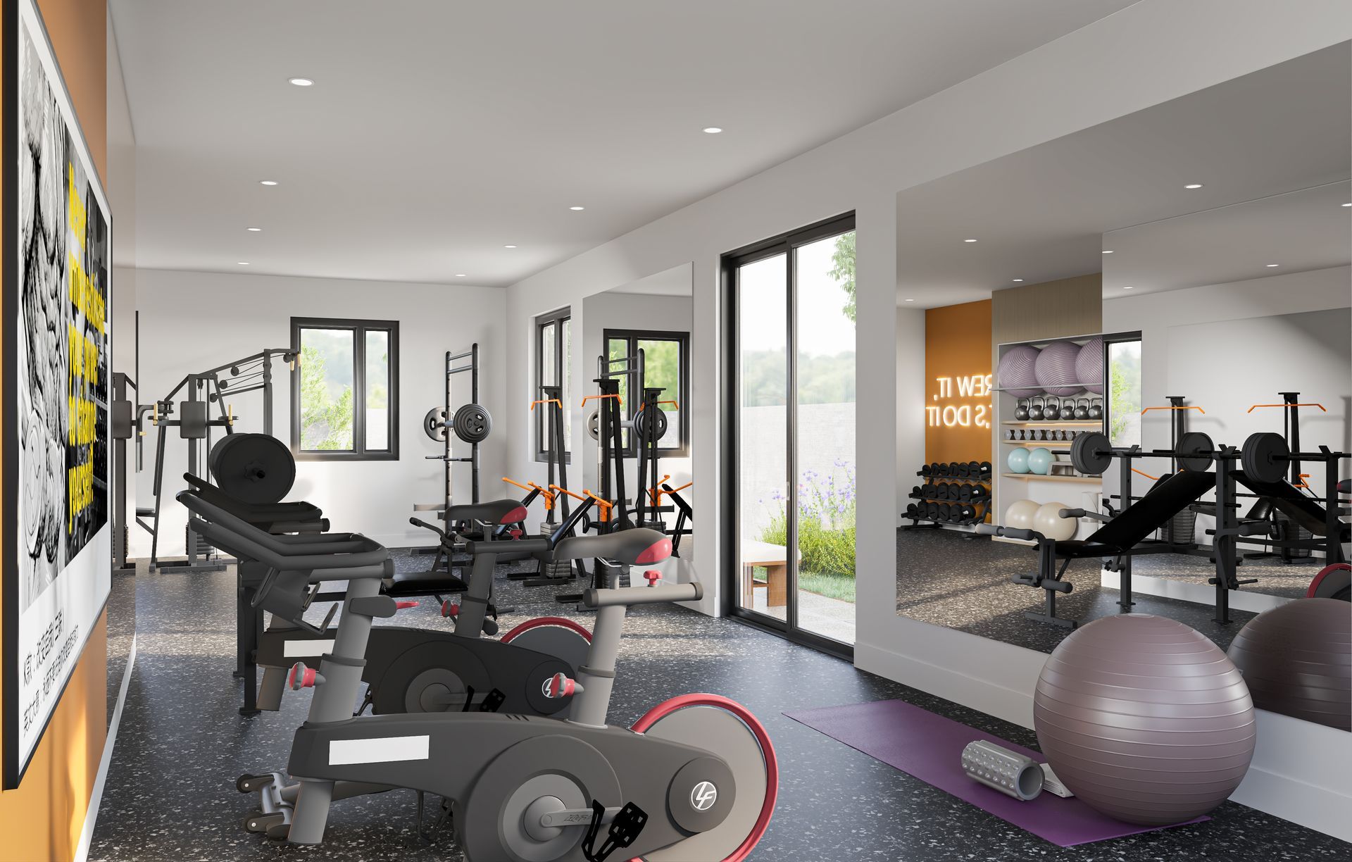 A brightly lit gym with stationary bikes, weight racks, and a large mirror reflecting a yoga ball and workout equipment.