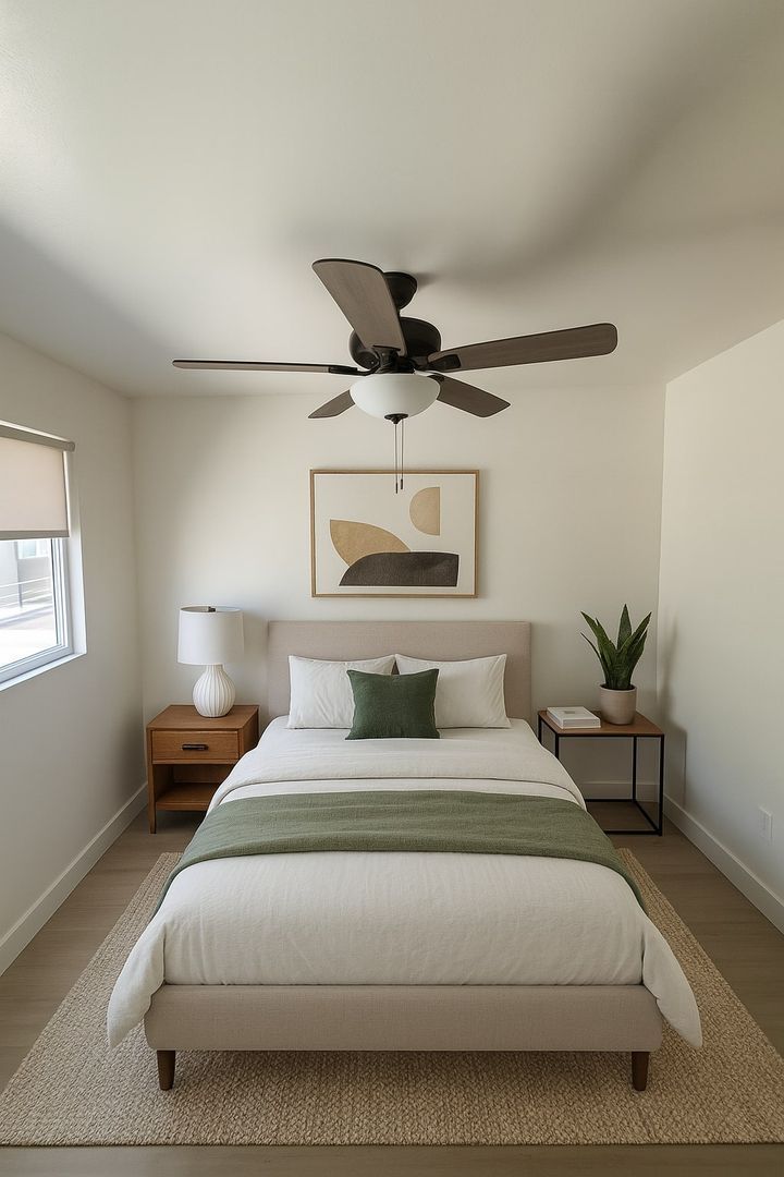 A minimalist bedroom with a tan upholstered bed, olive green throw, wall art, and ceiling fan on a jute rug.