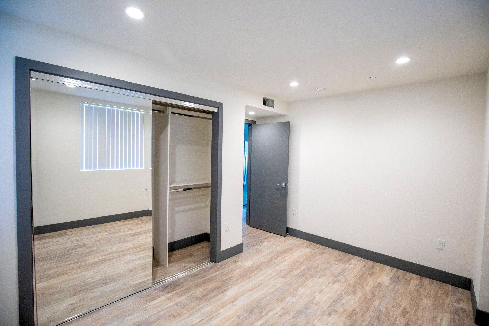 This image showing a spacious room with mirror cupboard and small door in it .
