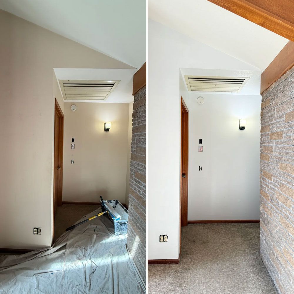 Hallway before-and-after: left under renovation, right finished with carpet and stone accent wall