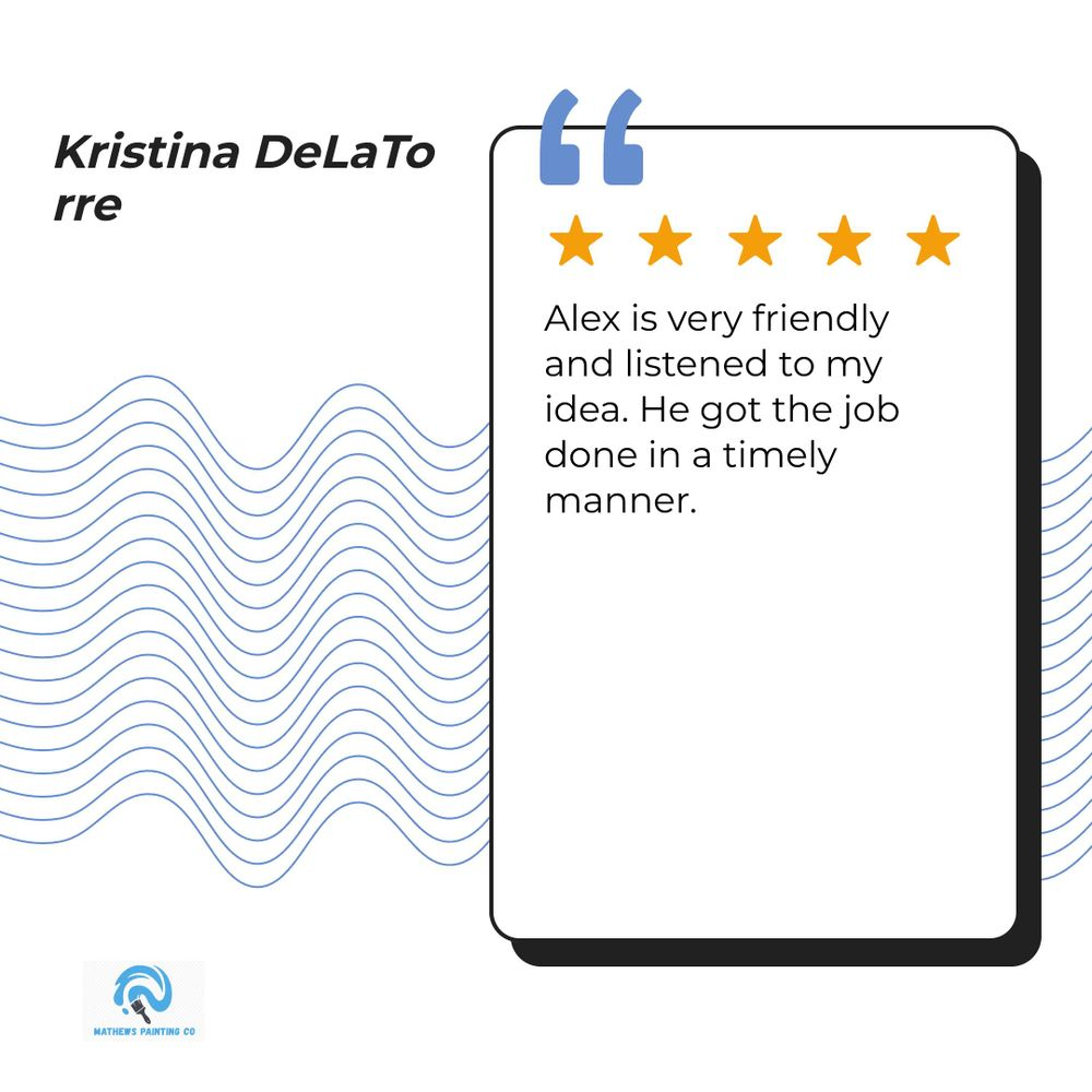 Testimonial card with five stars and review text praising Alex as friendly and timely.