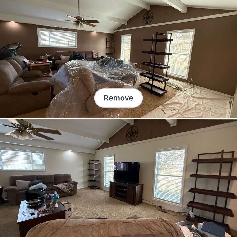 Living room before-and-after with furniture moved, shelves added, and plastic covering the floor and couch