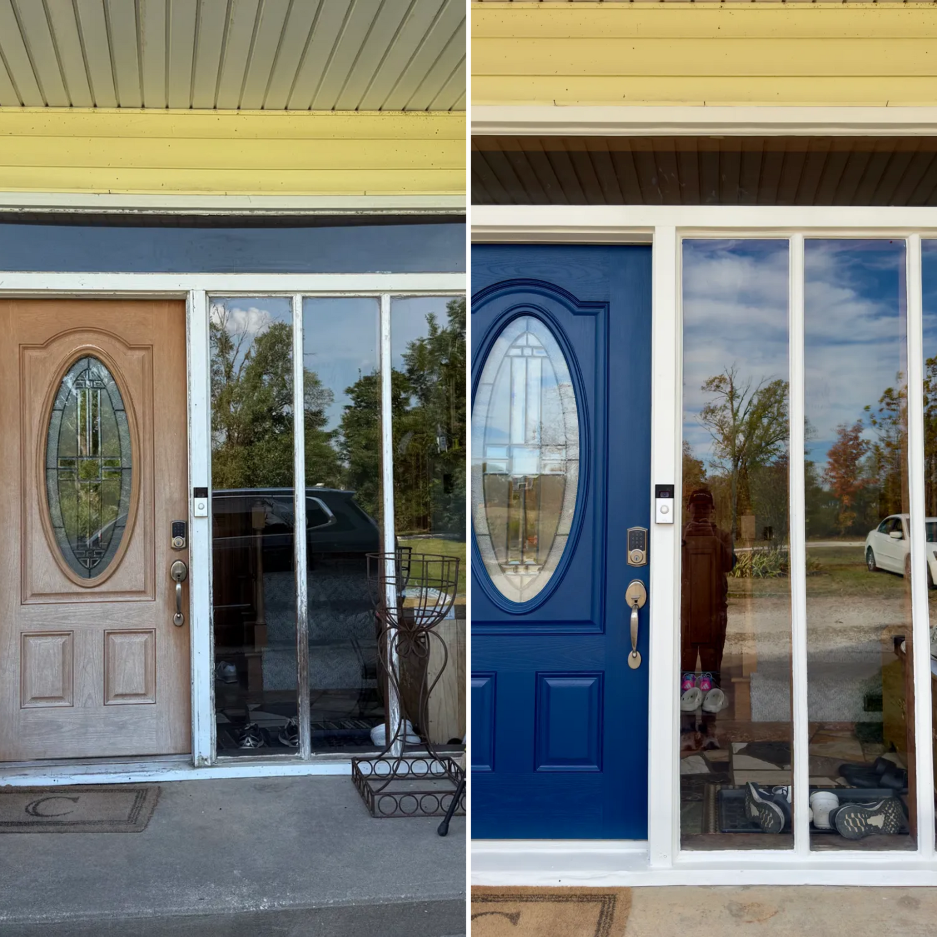Split-view of a front door painted beige versus blue, showing a side-by-side home exterior comparison
