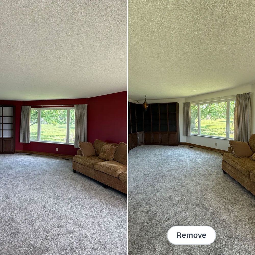 Side-by-side living room comparison showing dark red walls on the left and lighter walls on the right.