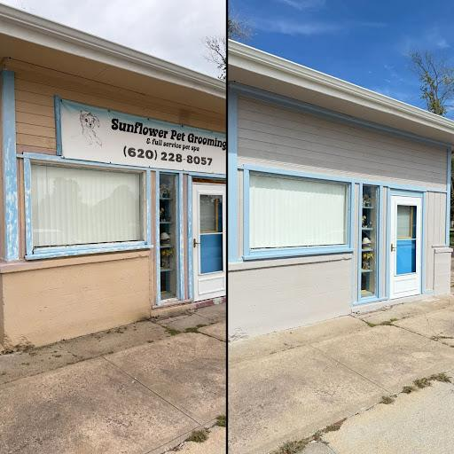 Split-view of a storefront before and after repainting, with fresh beige siding and blue-trimmed windows.