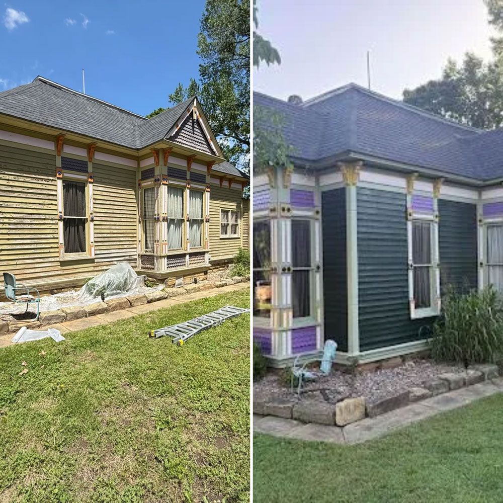 Side-by-side house exterior before and after renovation, showing beige wood siding and a gray-purple updated facade