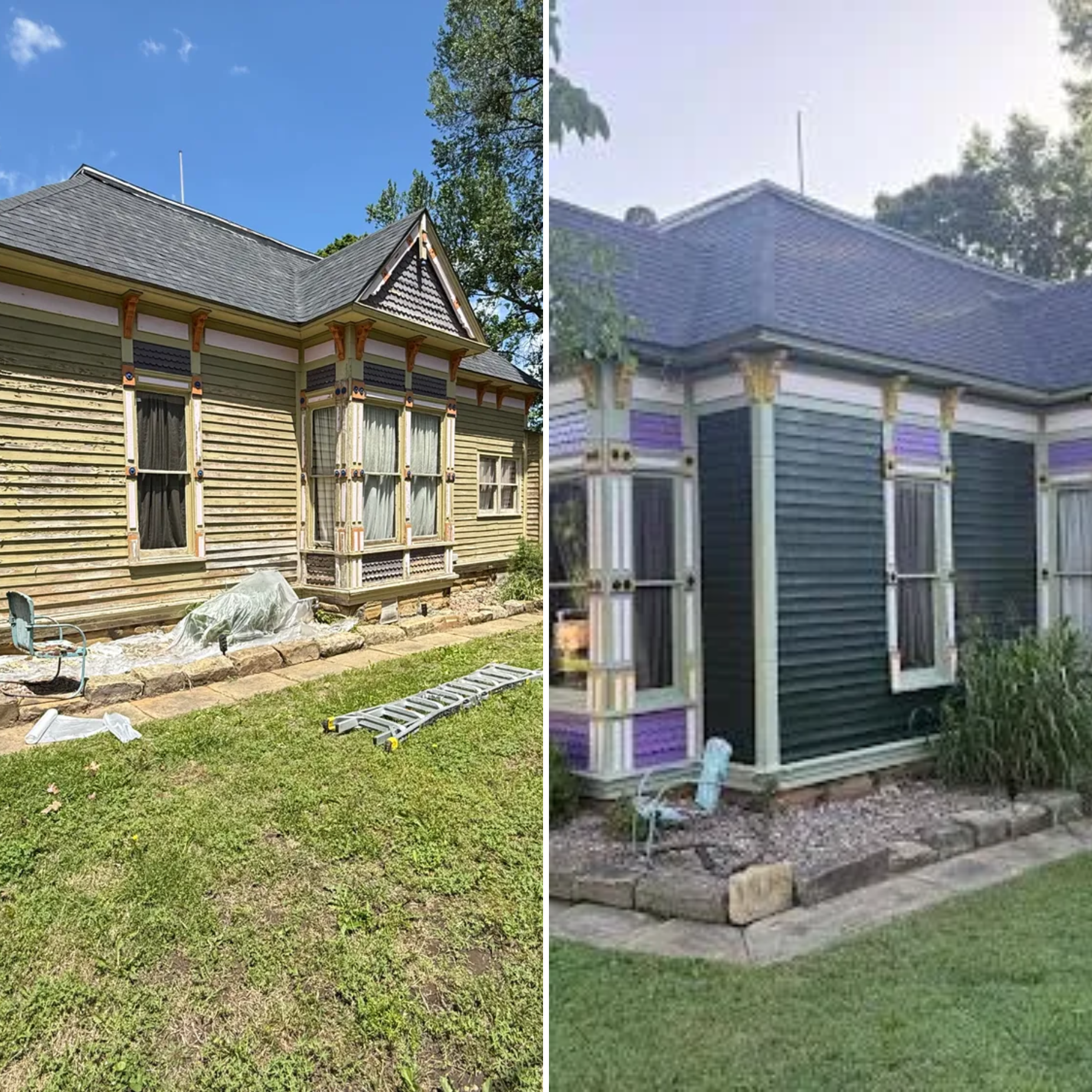 Before-and-after view of a small house exterior, from unfinished wood to painted siding with purple trim.