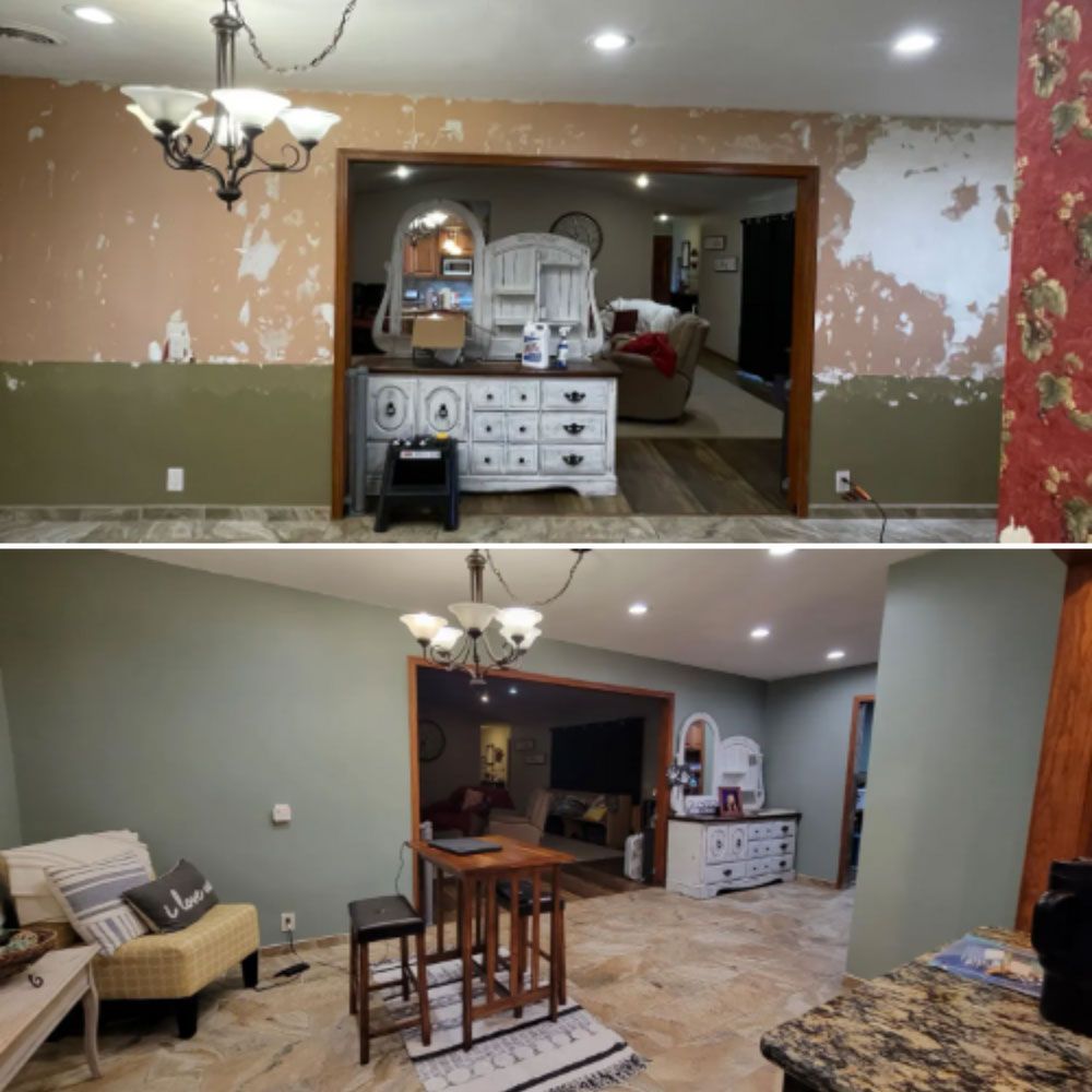 Before-and-after dining room remodel: peeling red walls, then gray walls with furniture and a table.