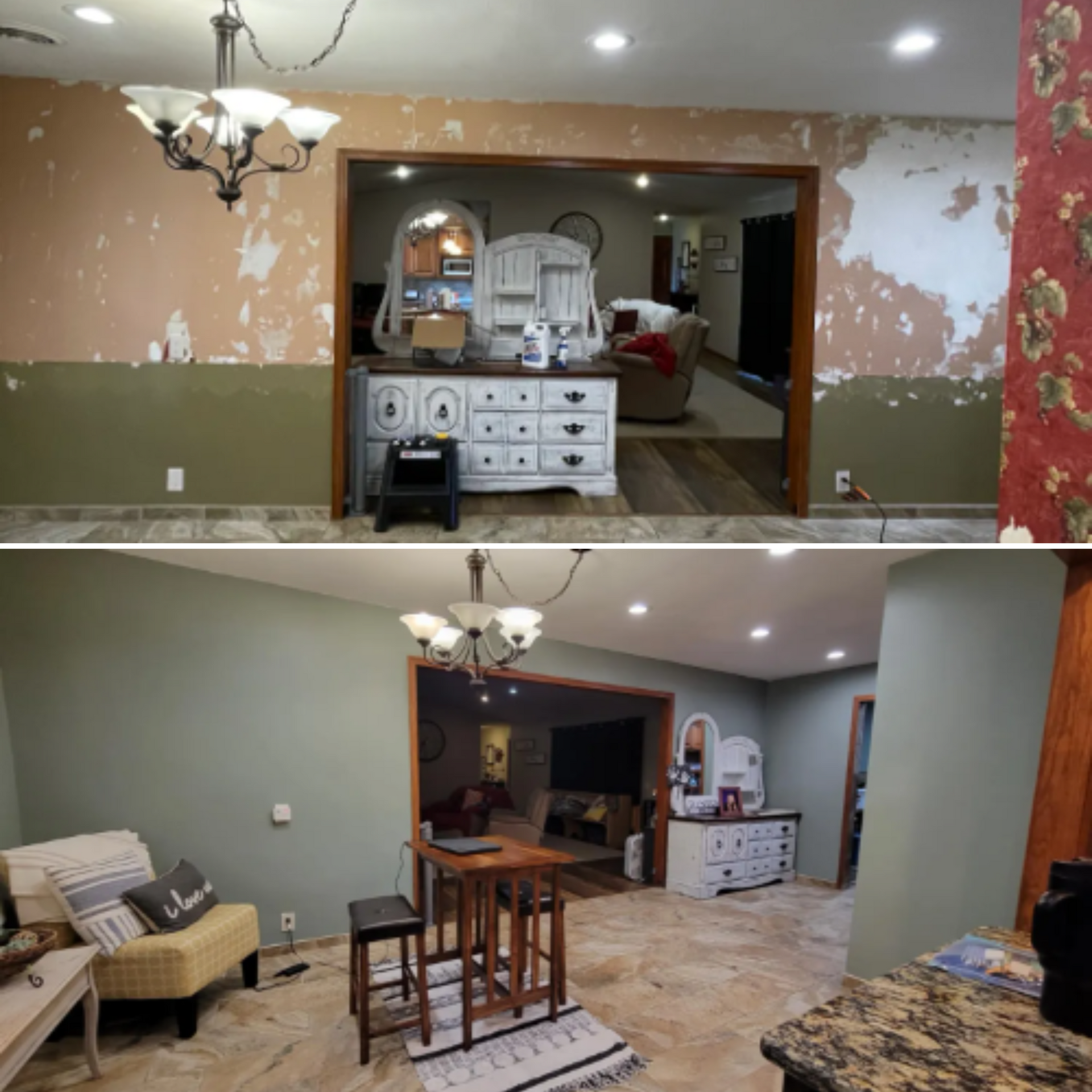 Before-and-after view of a dining room renovation, with exposed wall patches and new paint.