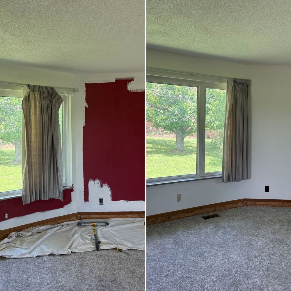 Split-view of a room before and after painting, showing red wall paint removed and a cleaned gray carpeted space