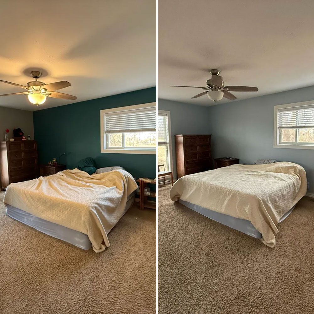 Before-and-after bedroom with teal walls, carpet, bed, dresser, and ceiling fan.