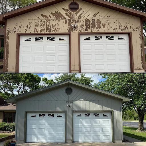 Before-and-after view of a house garage: peeling tan facade above, freshly painted gray exterior below.