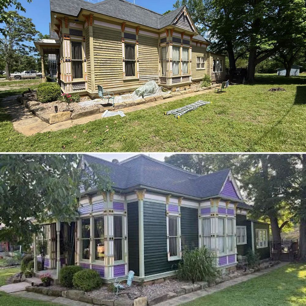 Before-and-after view of a small Victorian house exterior, showing renovation above and painted purple-green facade below