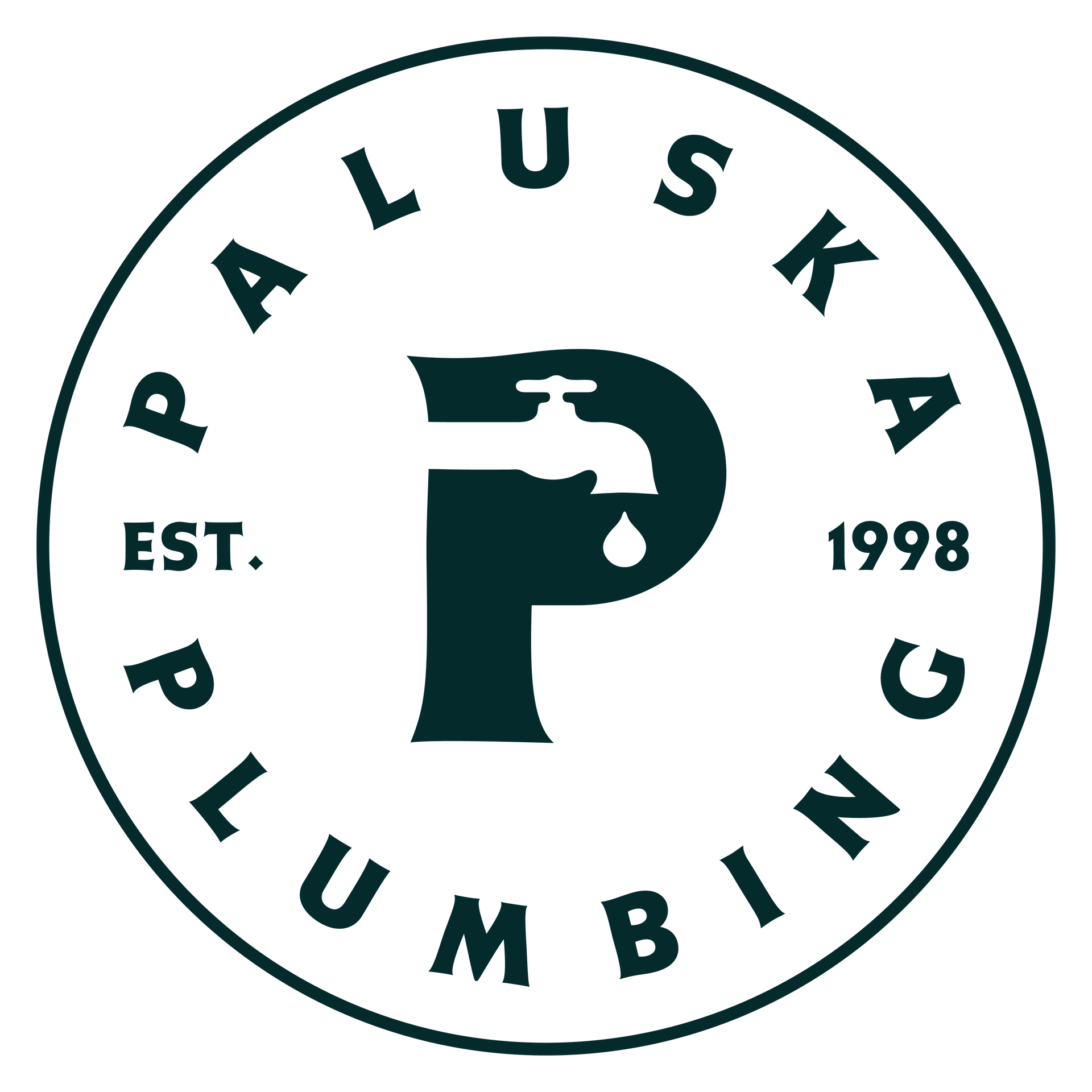 Paluska Plumbing logo: Green circular emblem with stylized dark teal letter 