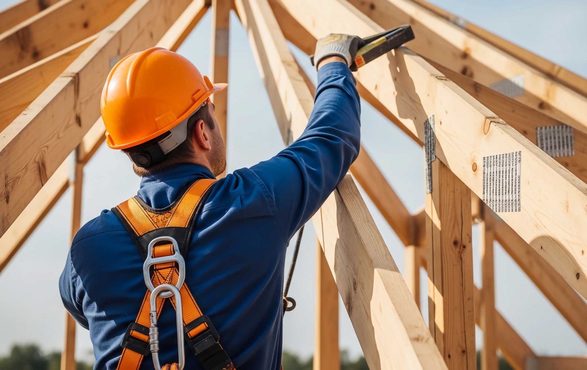 Construction worker wearing a safety harness and hard hat works on a wooden roof structure. Construction worker wearing a safety harness and hard hat works on a wooden roof structure.