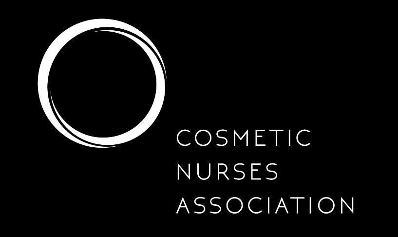 The logo for the cosmetic nurses association is a white circle on a black background.