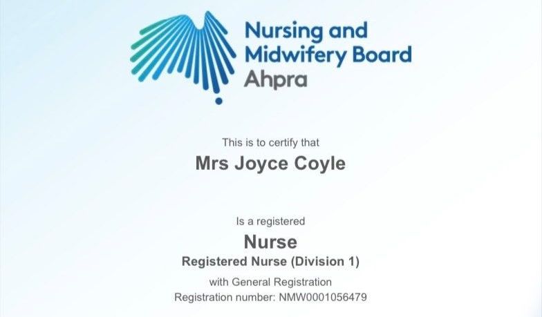 A nursing and midwifery board certificate for mrs joyce coyle