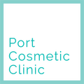 The logo for port cosmetic clinic is blue and white.