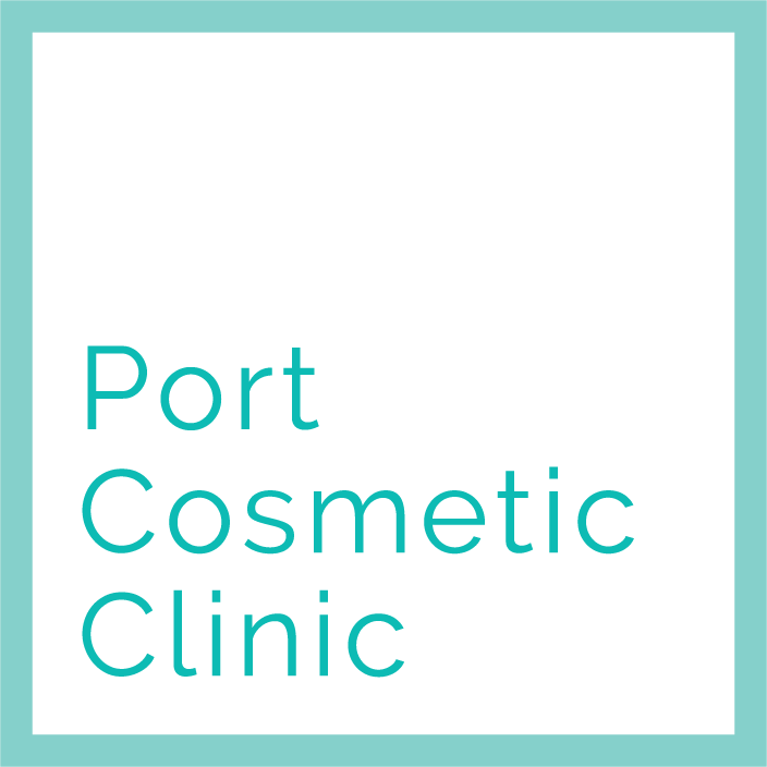 The logo for port cosmetic clinic is blue and white.
