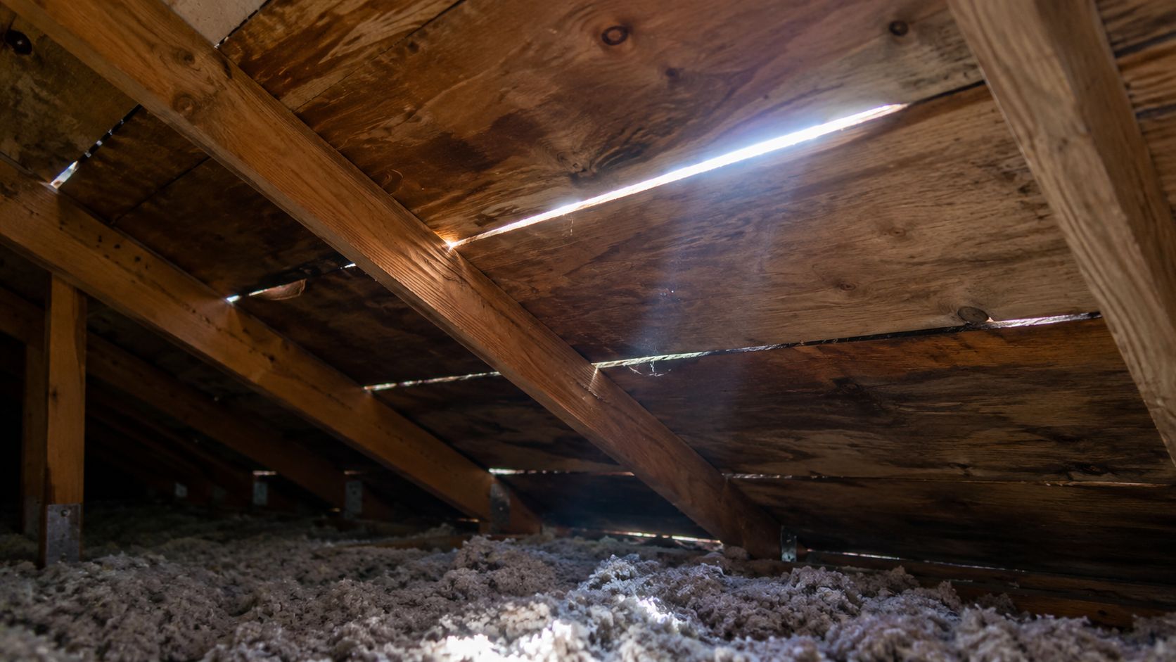 Attic crawlspace with slanted wooden beams, daylight peeking through gaps, and insulation debris on the floor