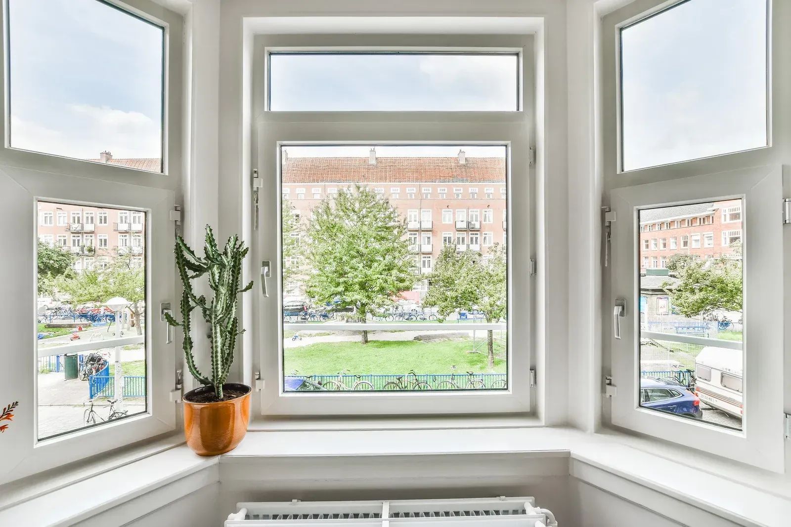 Bay window with white trim, looking out on a park with trees and buildings. Cactus in orange pot on windowsill.