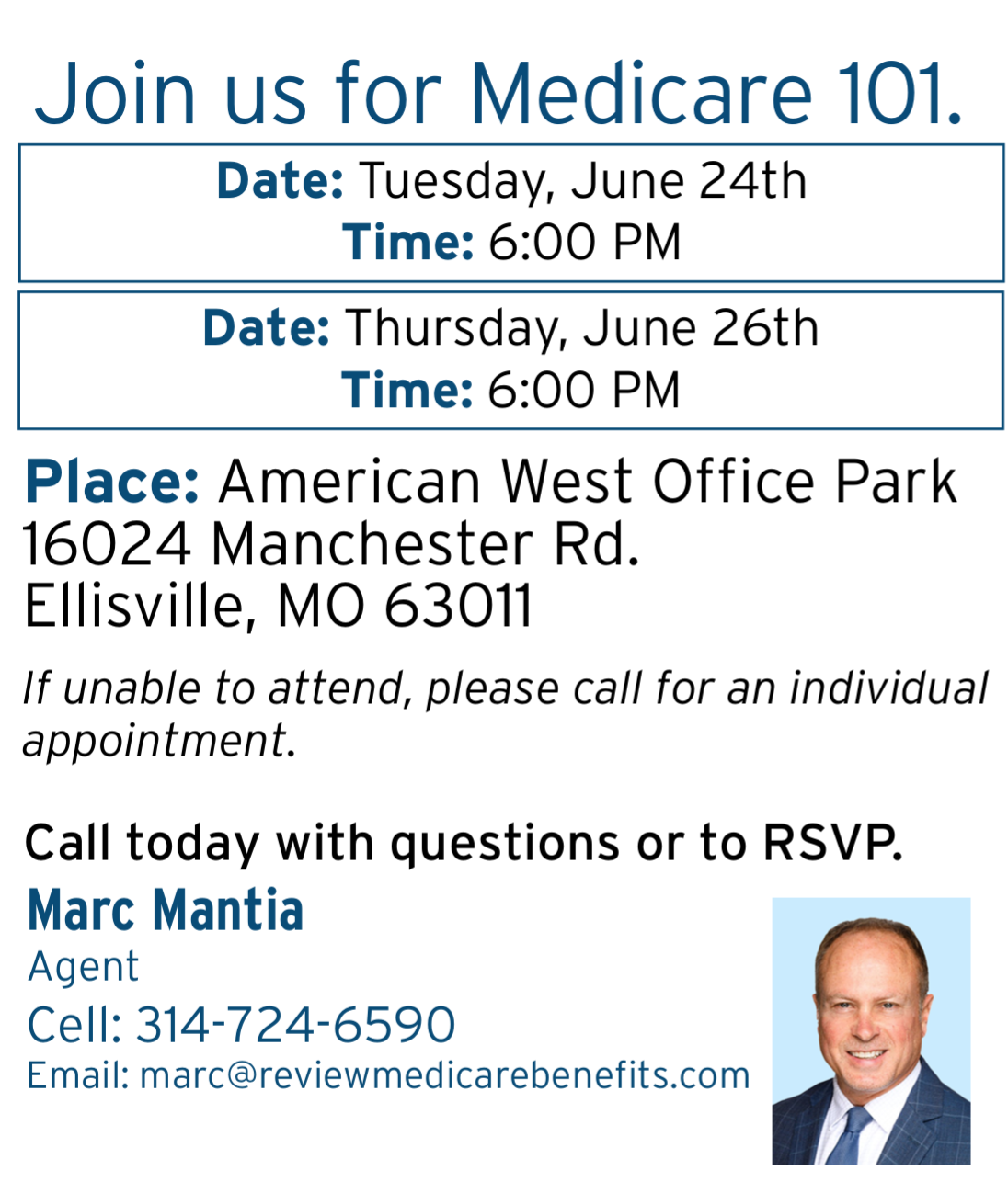 Medicare 101 event flyer with dates, time, location, and contact info for Marc Mantia