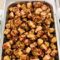 Tray of roasted Brussels sprouts with browned, seasoned edges