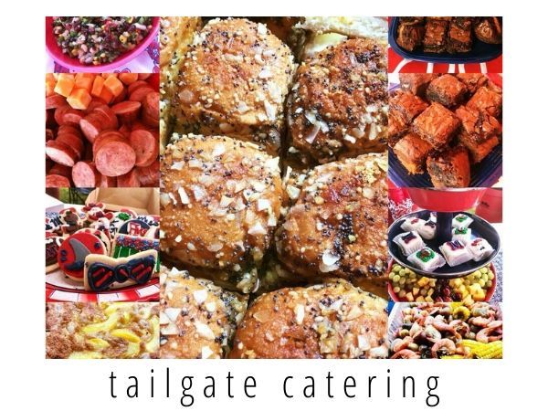 Tailgate catering collage with assorted savory dishes and snacks, including meatballs, chips, and sliders