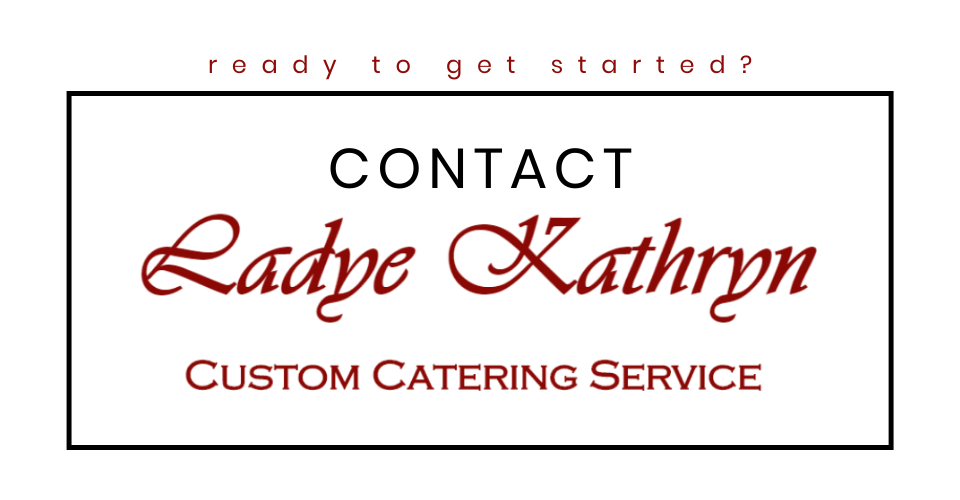 Business card for Radye Kathryn Custom Catering Service with contact information and red script logo on white background