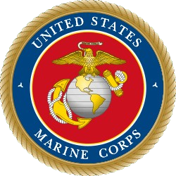 United States Marine Corps emblem with eagle, globe, and anchor in red, blue, and gold.