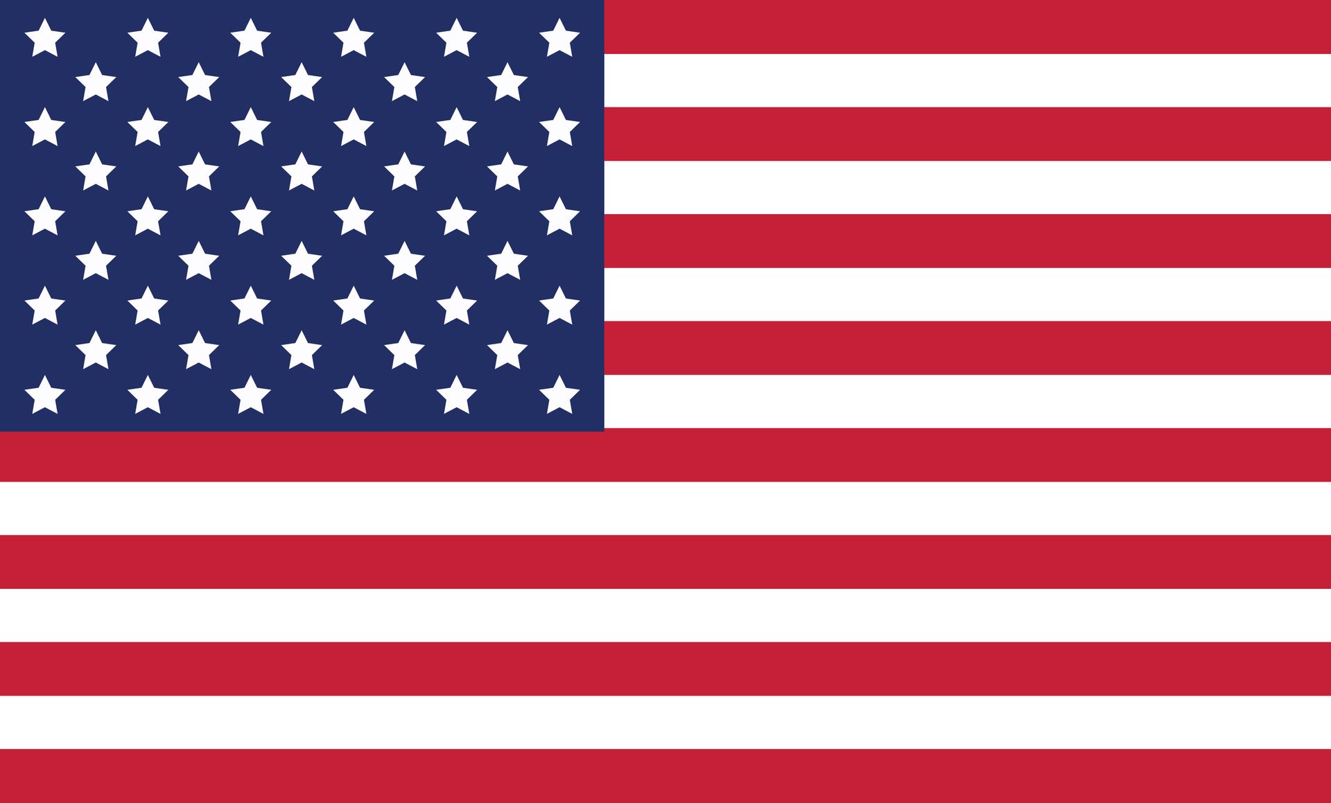 The flag of the United States with 50 white stars on a blue canton and 13 alternating red and white horizontal stripes.