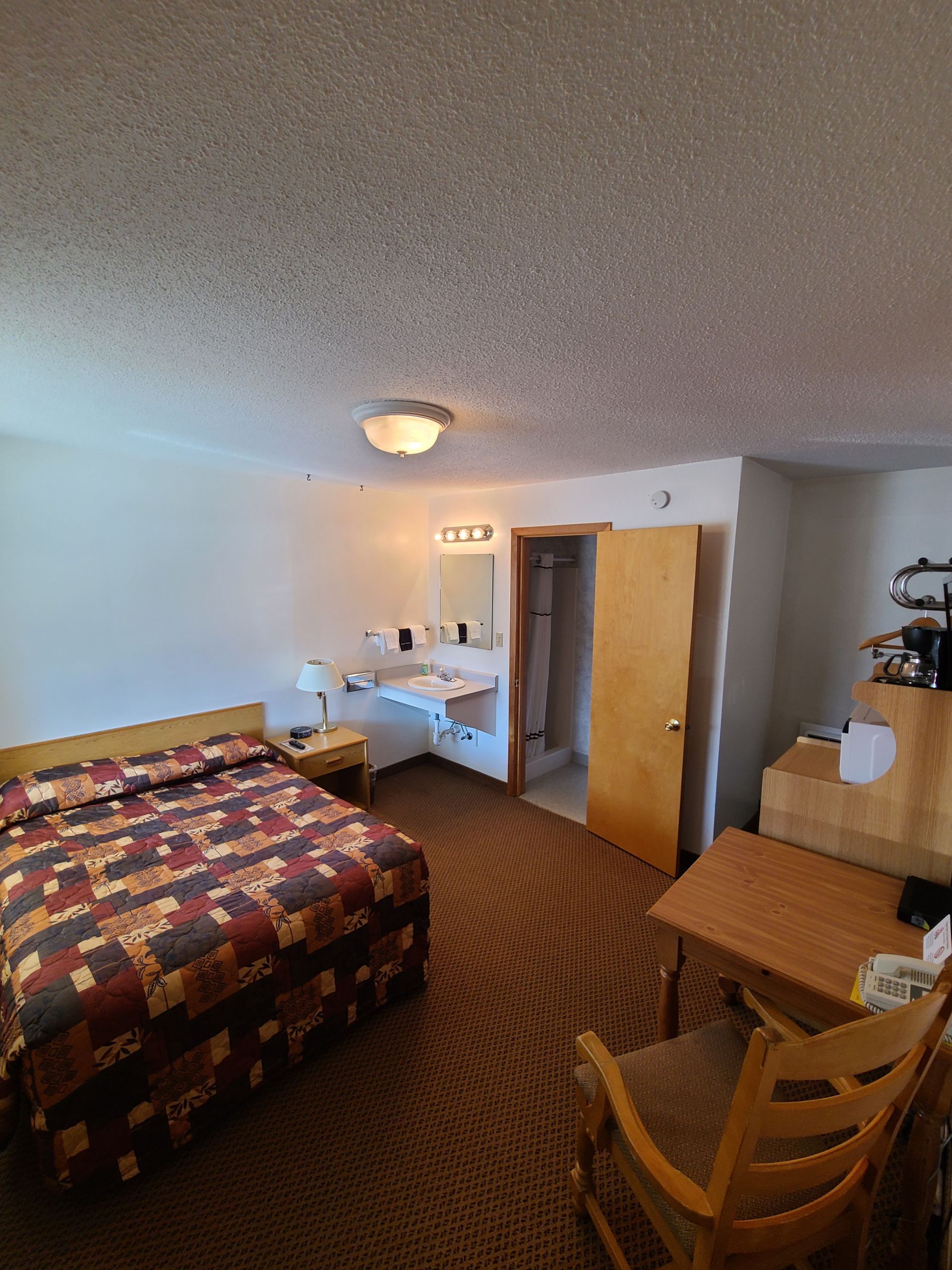 Hotel room with bed, desk, vanity, and closed bathroom door; brown carpet and bedding.