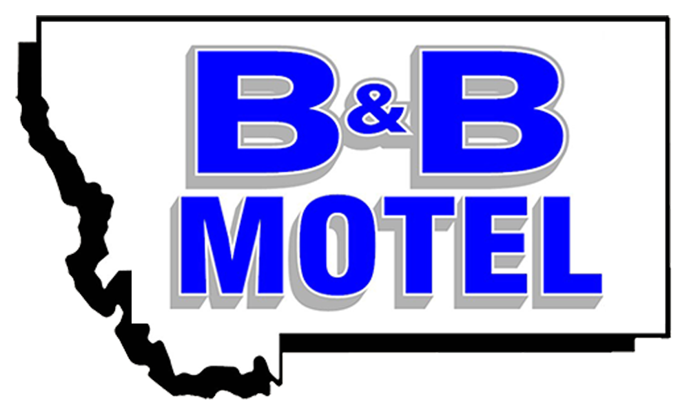 Logo for B&B Motel, blue text with white shadow on a white and black Montana outline.