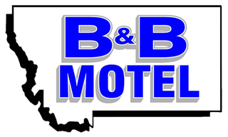 Logo for B&B Motel, blue text with white shadow on a white and black Montana outline.