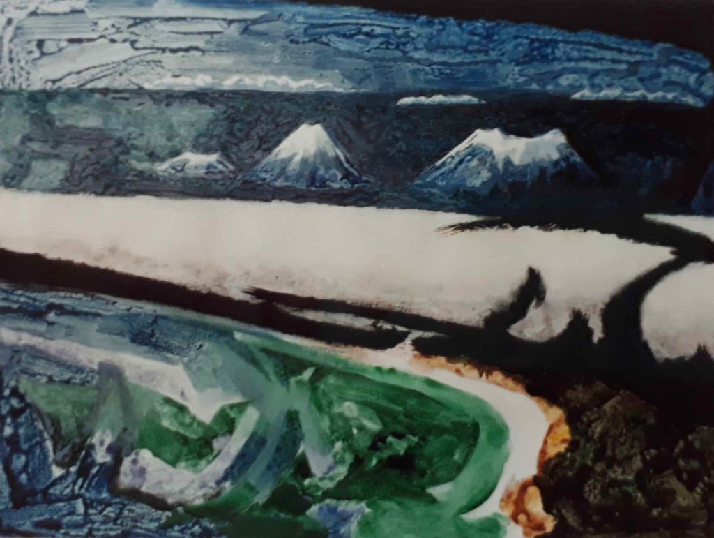 Aotearoa II 1990 by Douglas MacDiarmid. Acrylic on handmade rag paper, 77x56cm. Private collection, New Zealand.